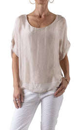 GIGI Silk Kaftan Short Sleeve Blouse with Wavy Hemline Top - 6 Colors