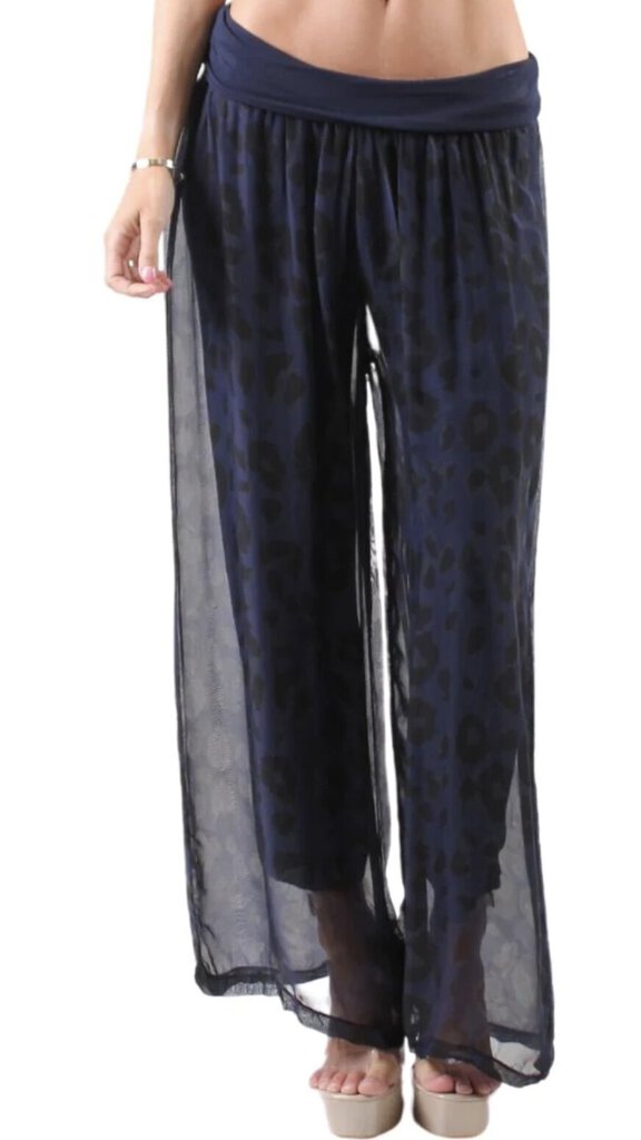 GIGI Printed Navy and Black Leopard Silky Lined Pant with Elastic Knit Waistband