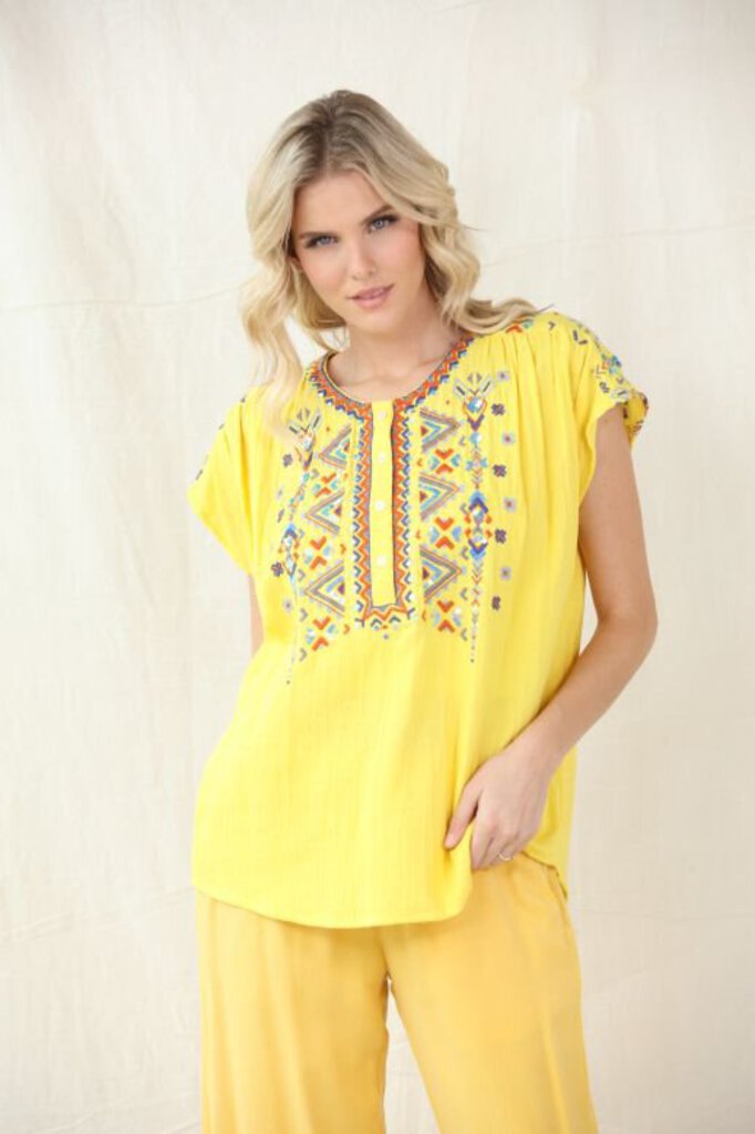 AVANI Yellow short Sleeve Cotton Embroidered Top
