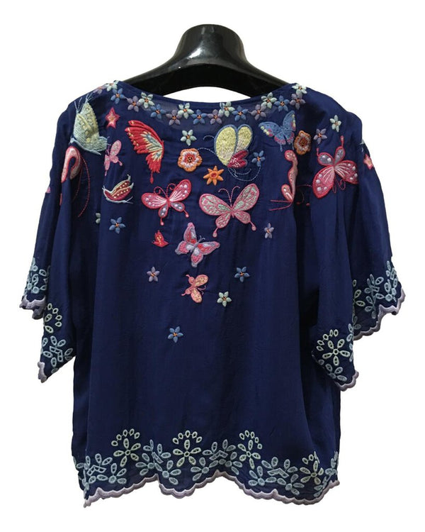 JOHNNY WAS WORKSHOP BLUE SCALLOPED SHORT SLEEVE BUTTERFLY EMBROIDERED TOP