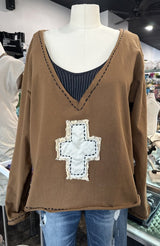 JADED GYPSY Brown Deep V-neck Long Sleeve Live Light Cross Top Made in the USA