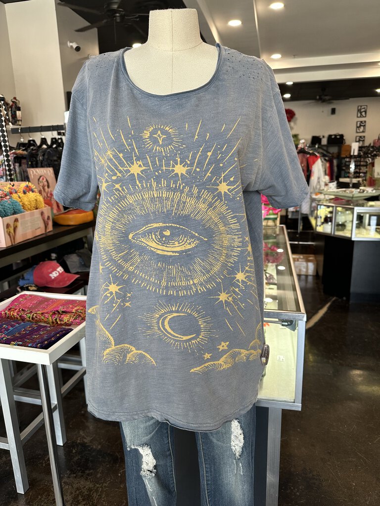 JADED GYPSY Blue Short Sleeve Evil Eye T-shirt Top Made in the USA