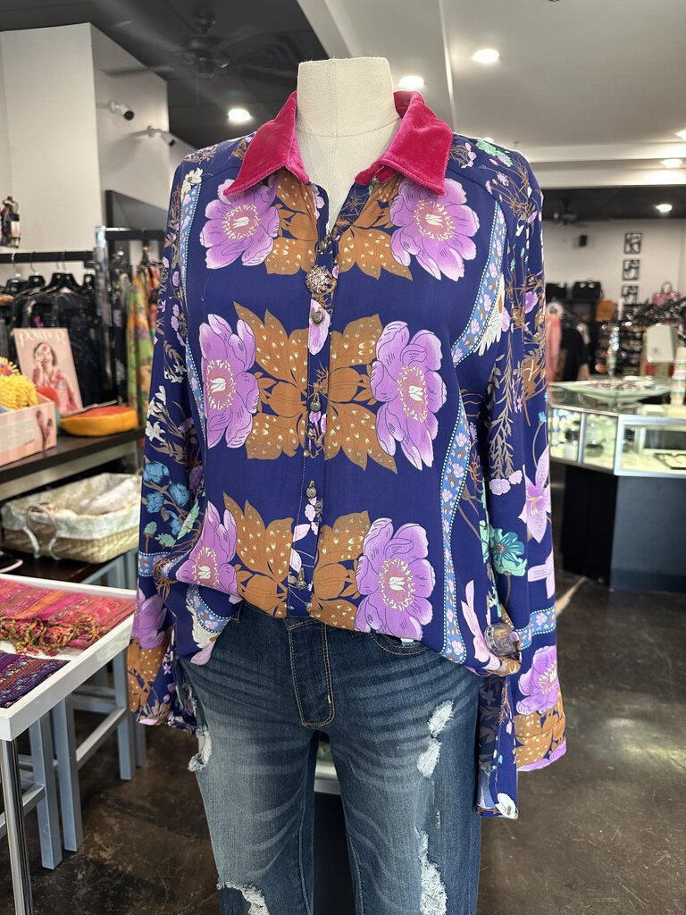 ARATTA Long Sleeve Blue and Mixed Floral Blouse Top