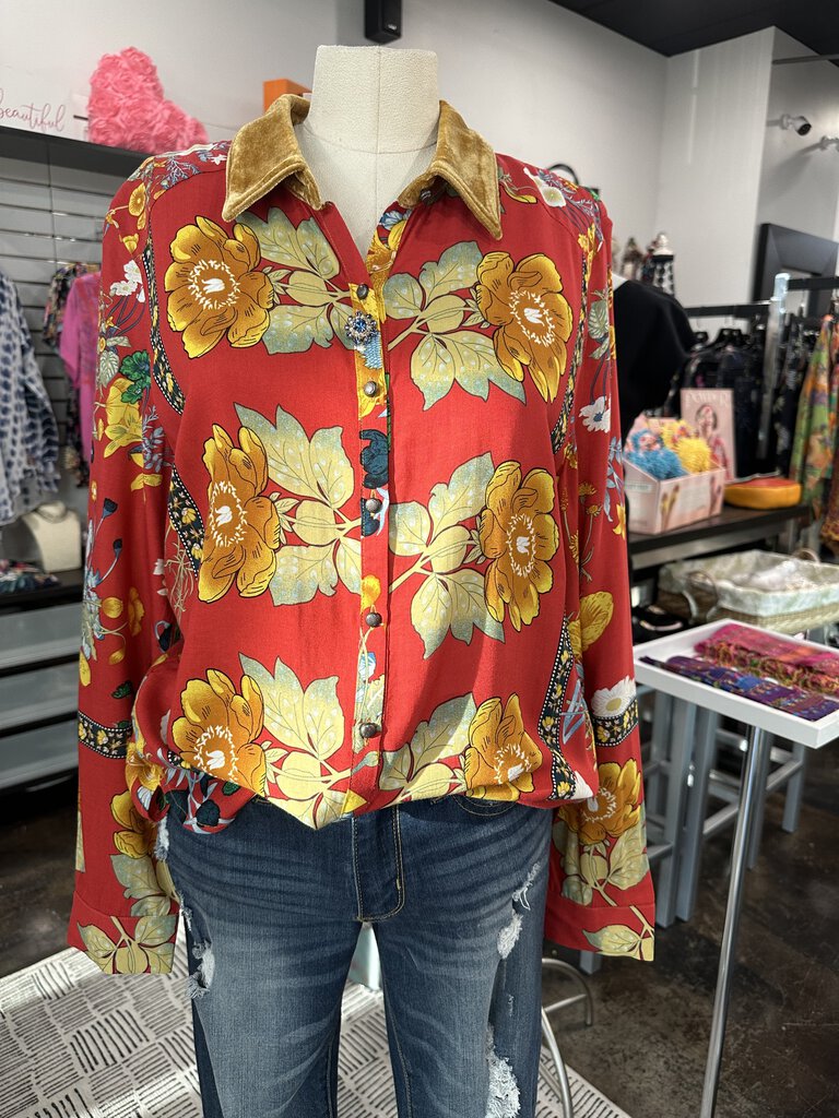 ARATTA Long Sleeve Red and Mustard Mixed Floral Blouse Top