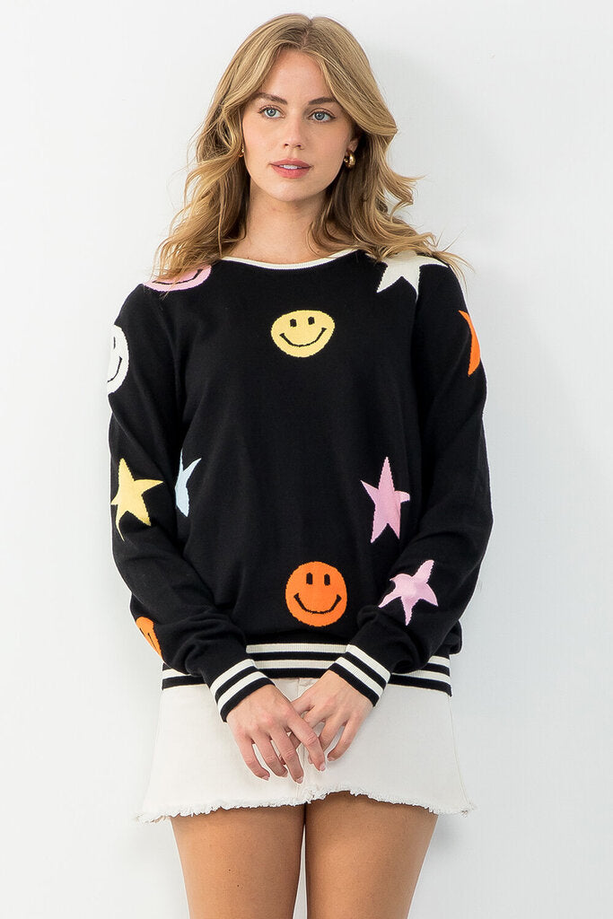 THML Black with Smiley Faces Stripes and Star Sweater
