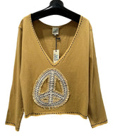 JADED GYPSY MUSTARD DEEP V-NECK LONG SLEEVE LIVE LIGHT PEACE TOP MADE IN THE USA