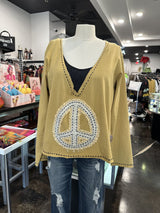 JADED GYPSY MUSTARD DEEP V-NECK LONG SLEEVE LIVE LIGHT PEACE TOP MADE IN THE USA