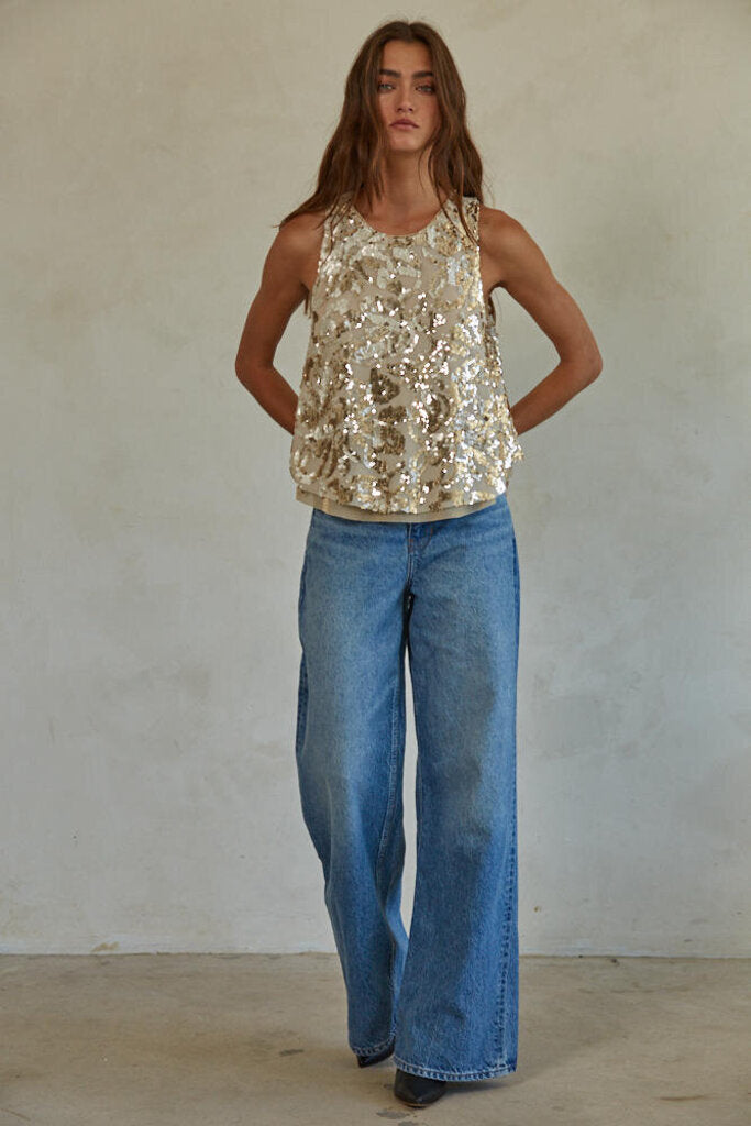 BY TOGETHER Sleeveless Gold Sequin Swing Tank Top