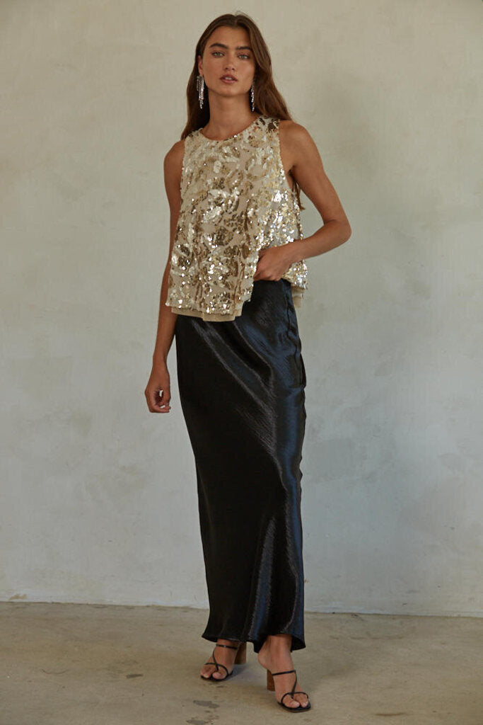 BY TOGETHER Sleeveless Gold Sequin Swing Tank Top
