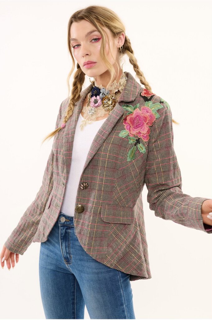 ARATTA Smoky Ash Gabriella Plaid Button-up Blazer Jacket with Embroidery and Applique