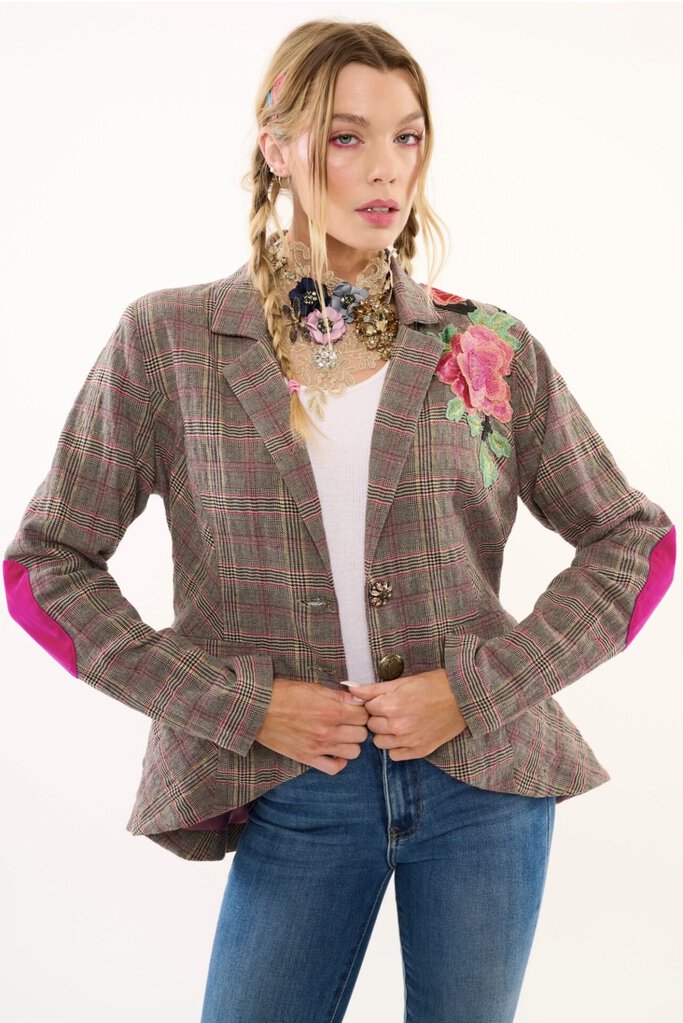 ARATTA Smoky Ash Gabriella Plaid Button-up Blazer Jacket with Embroidery and Applique
