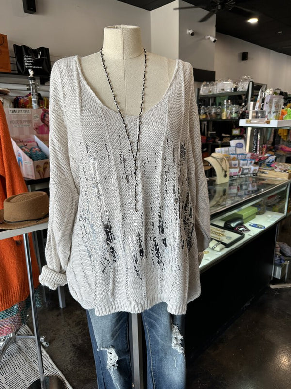 GIGI Cream V-neck Silver Metallic Accent Glitter Star Sweater