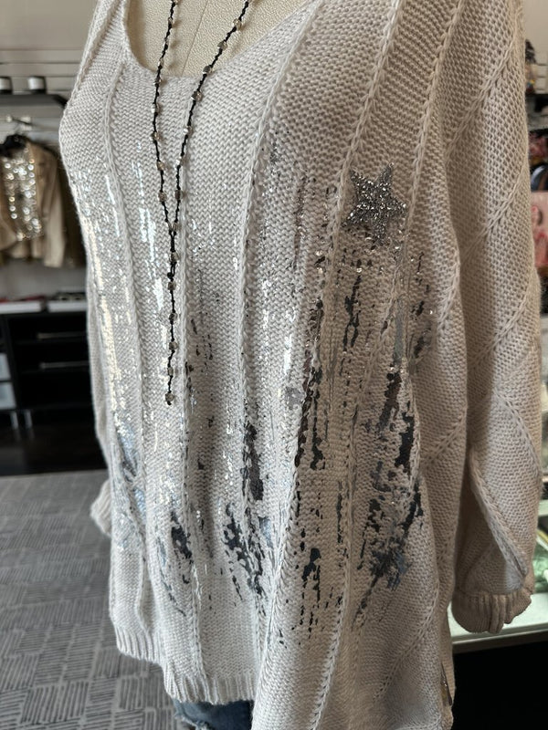 GIGI Cream V-neck Silver Metallic Accent Glitter Star Sweater
