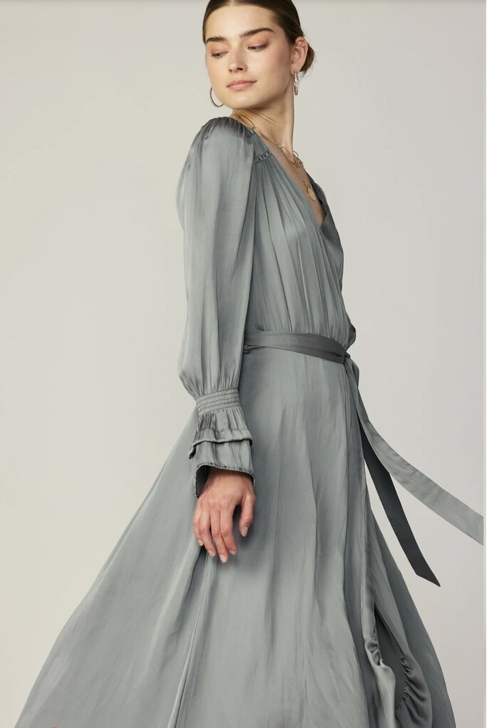 CURRENT AIR Grey Tiered Long Sleeve Faux Wrap Midi Dress