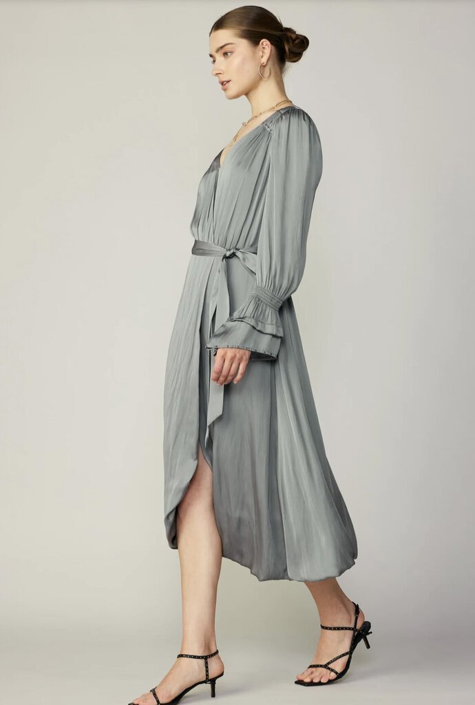 CURRENT AIR Grey Tiered Long Sleeve Faux Wrap Midi Dress