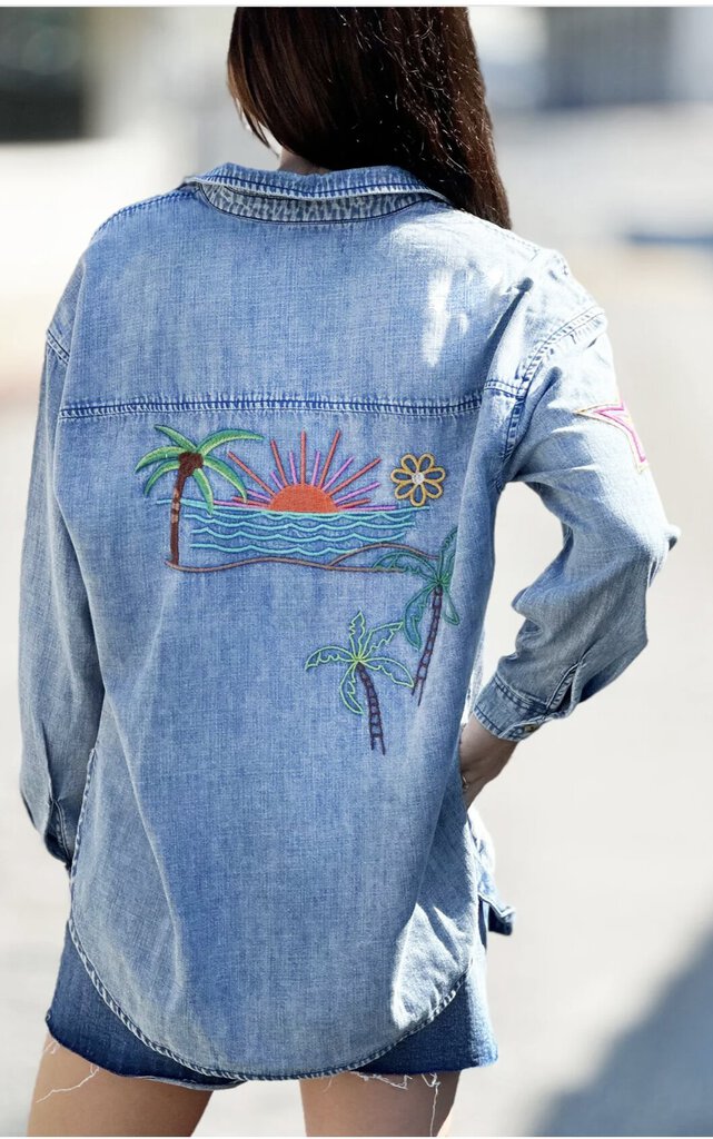 BILLY T Embroidered "Hop On" Denim long Sleeve Top