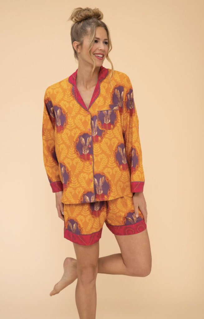 POWDER Mustard Long Sleeve Button Up and Short with Rabbit Print Loungewear