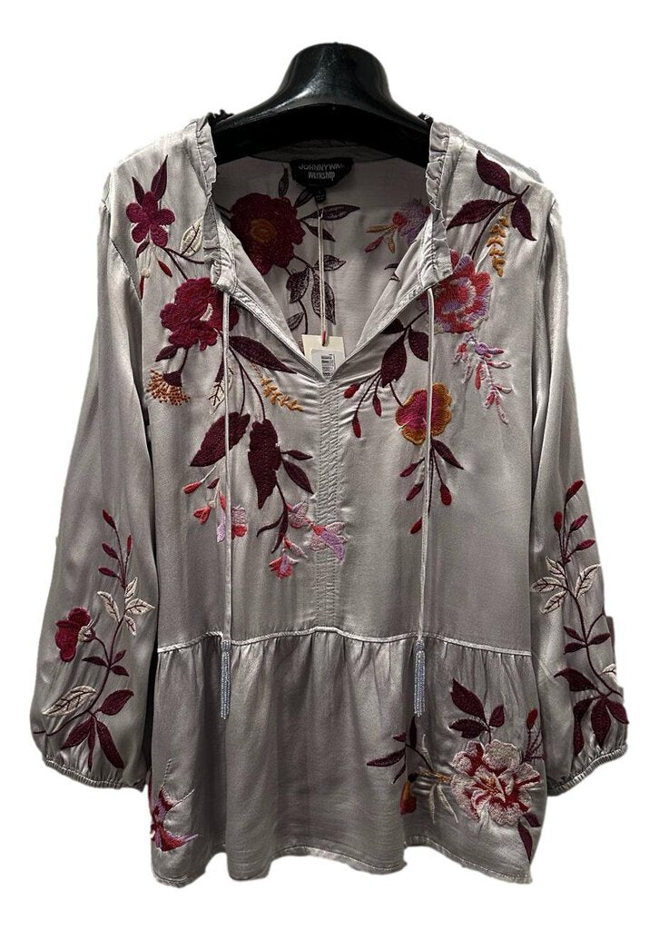 JOHNNY WAS WORKSHOP Silver Long Sleeve Embroidered Mirabel Peplum Blouse