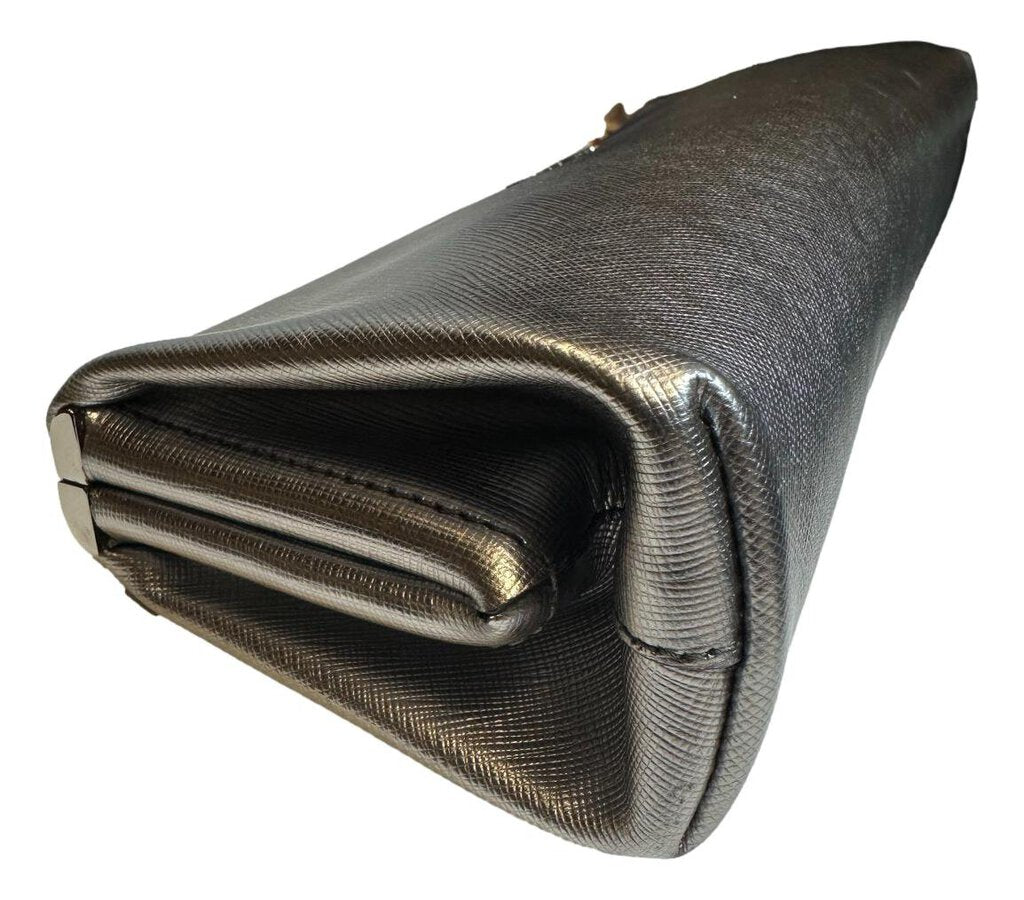 PRADA Silver Leather Saffiano East West Clutch Bag