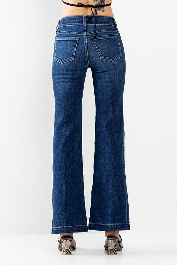 SNEAK PEEK Dark Wash Two Button Mid Rise Flare Jean with Front Pockets
