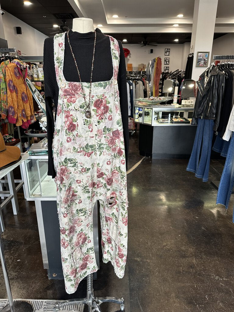 JADED GYPSY Cotton Endless Rose Distressed Travels Overalls One Size