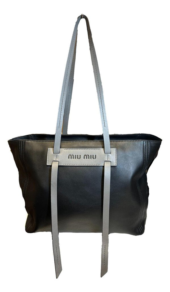 PRADA Black and Gray Grace Lux Double Strap Tote Leather Bag