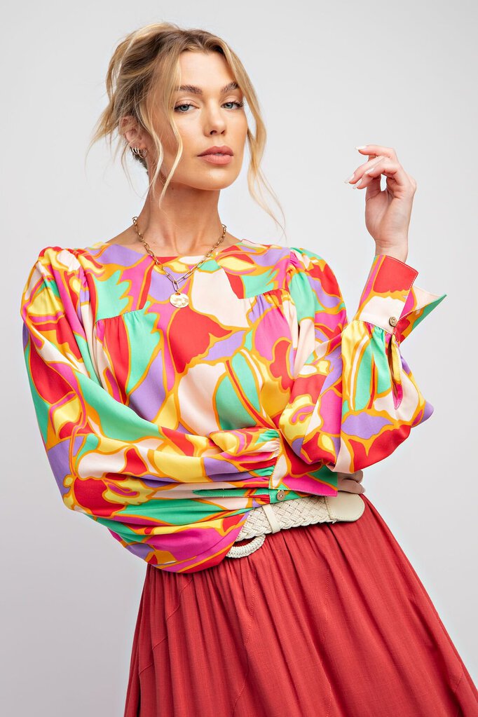 EASEL Abstract Pink Mix Balloon Long Sleeve Top