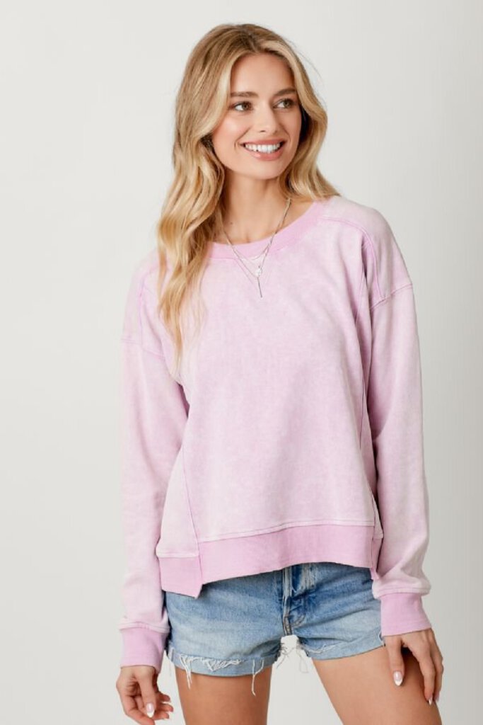MYSTREE Washed Terry Cotton Lavender Pink Long Sleeve Top