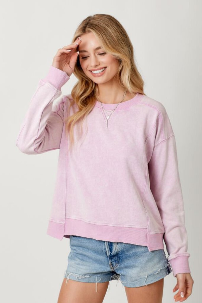 MYSTREE Washed Terry Cotton Lavender Pink Long Sleeve Top