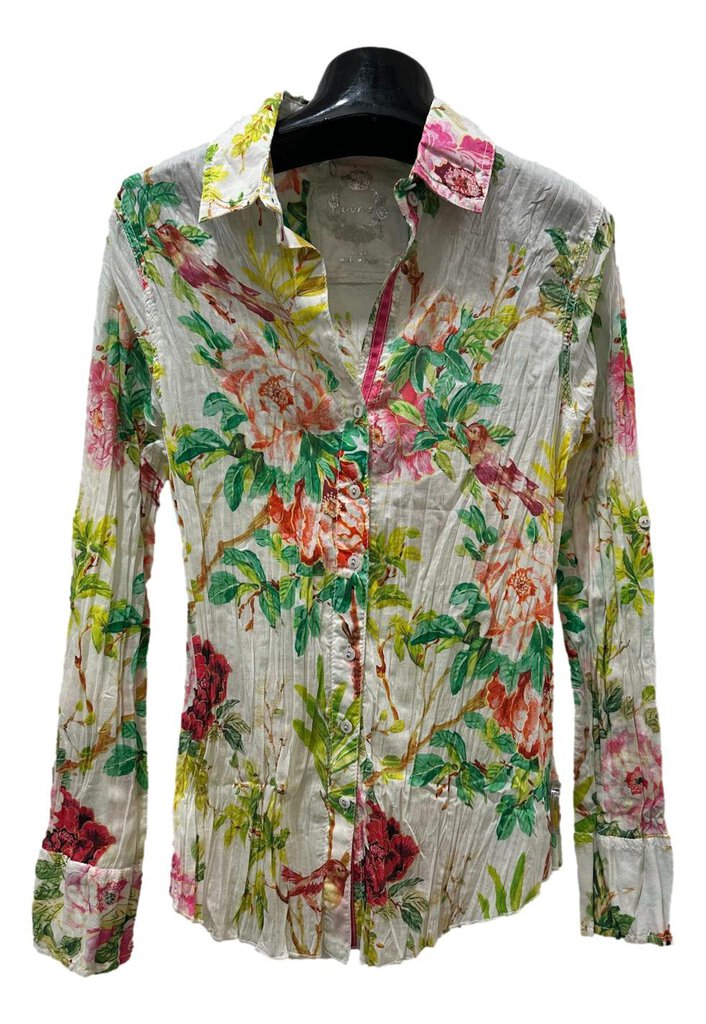CINO White Crinkle Long Sleeve Button Down Floral Top